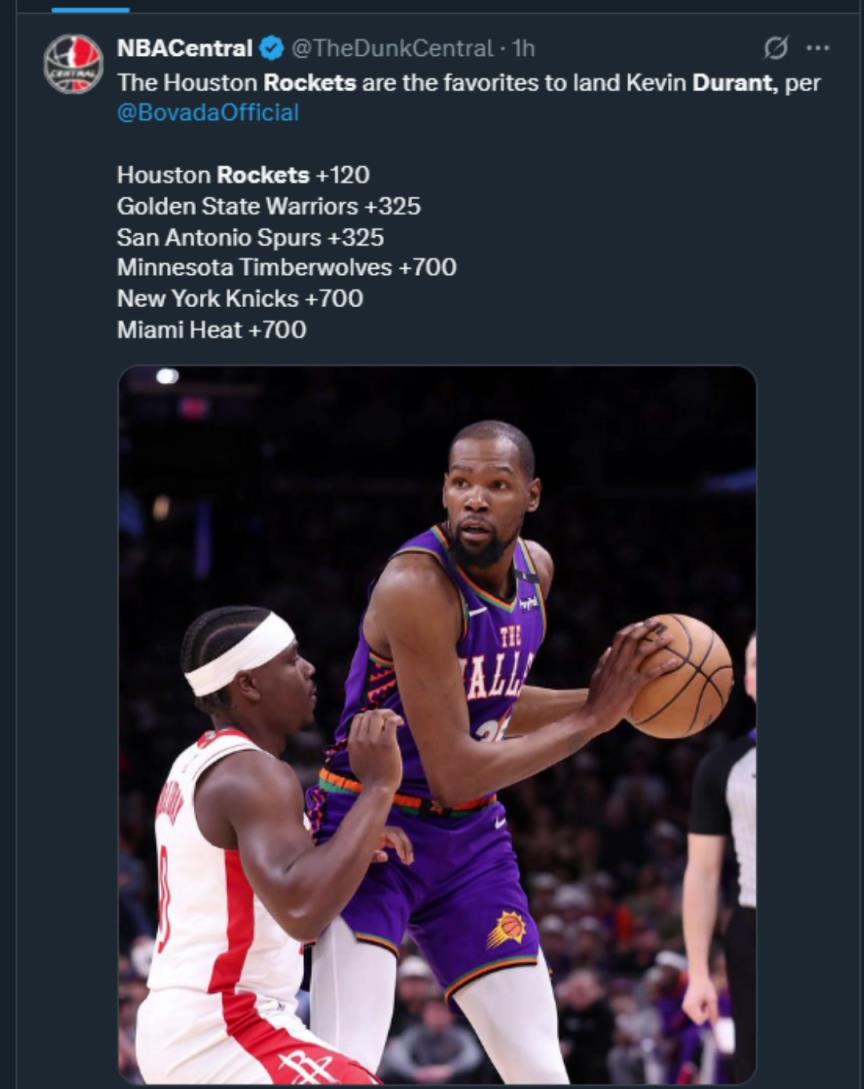 難道說？美媒曬杜蘭特下家賠率，火箭大幅度領(lǐng)跑！